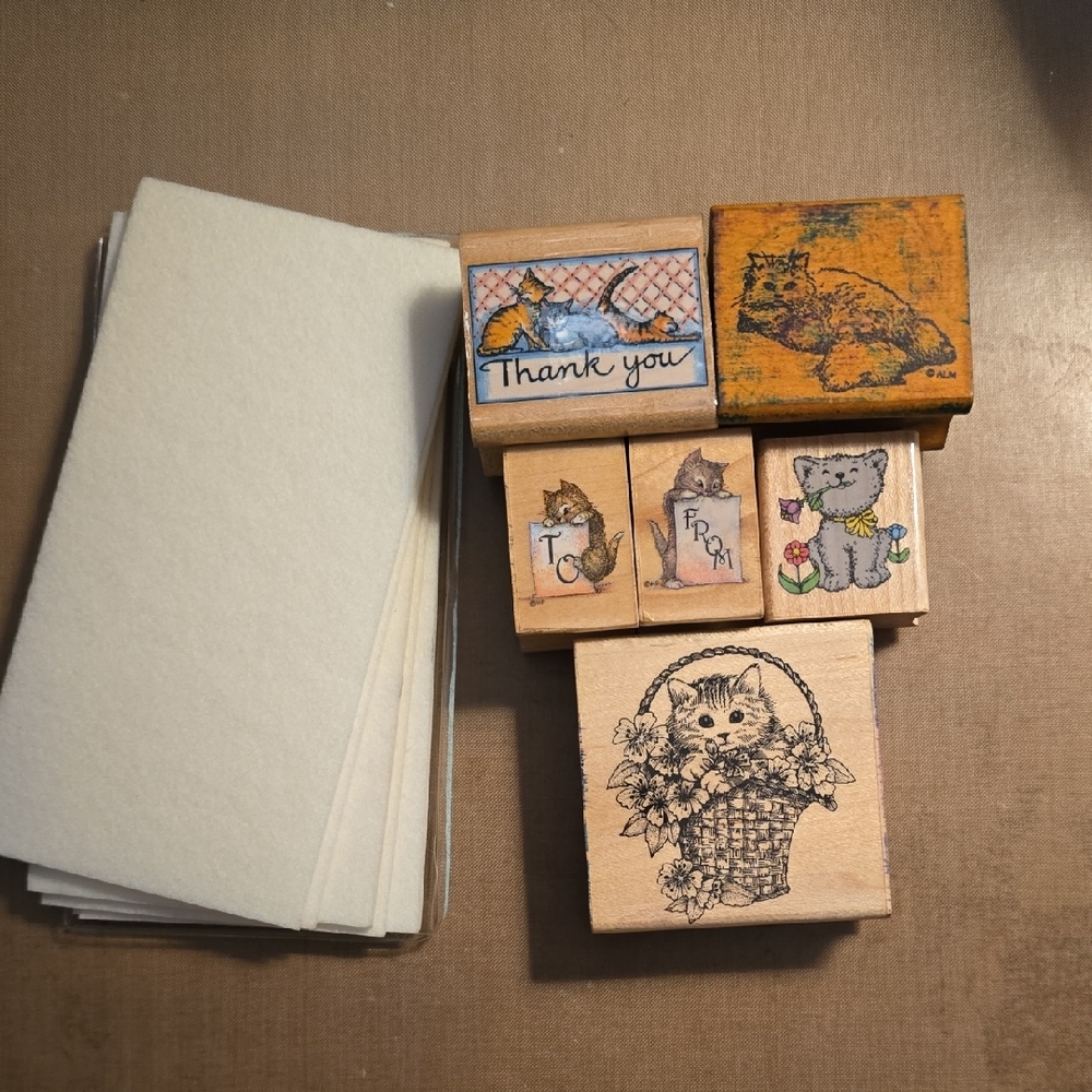 Wooden Cat-Themed Stamp Set